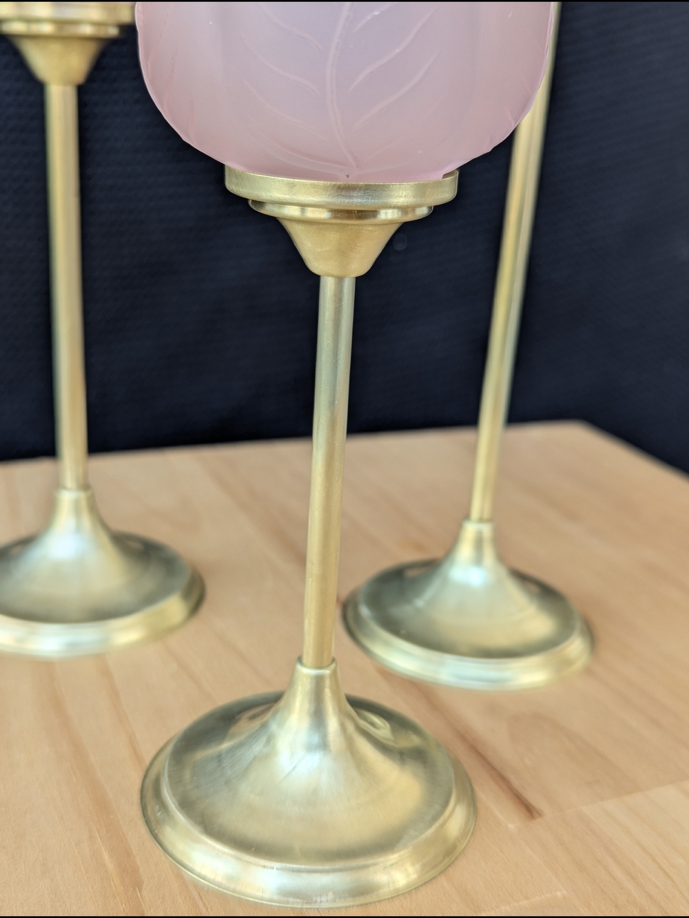 Rose Pink Tulip Glass Candle Holders with Brass Stands - Picture 2 of 8